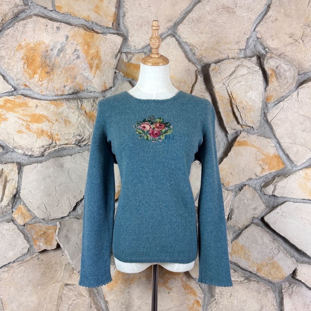 Lauren Ralph Lauren c. 1990s Scalloped Edge Lambswool Sweater Blue Toile | 1X